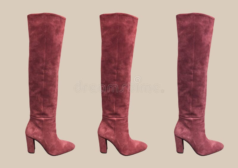 High heel boots. Fashion Female shoes. Pink suede high heel boots isolated on brown background. Close View Of Fashion Casual Female shoes. Women`s winter trendy stock image
