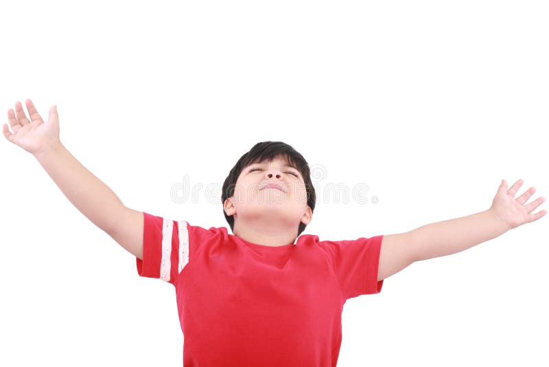 Portrait of the young boy holding hands up stock photography