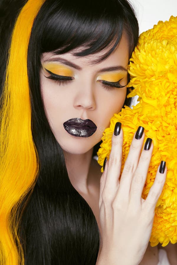 Punk Girl Portrait with Colorful Makeup, Long Hair, Nail polish. stock image