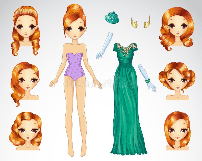 Red Hair Set For Green Paper Doll stock illustration