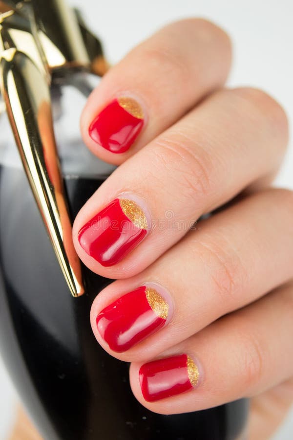 Red half moon nail art manicure royalty free stock photo