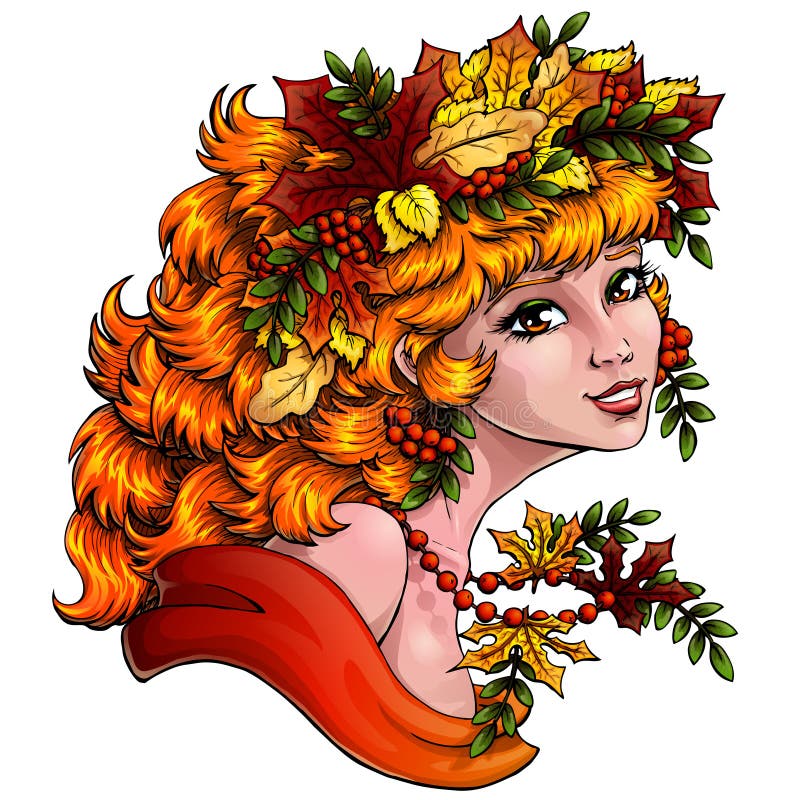 Season girl autumn color on blue hor. The lovely red girl with a wreath from leaves and berries of a mountain ash on white background. Concept of autumn mood vector illustration