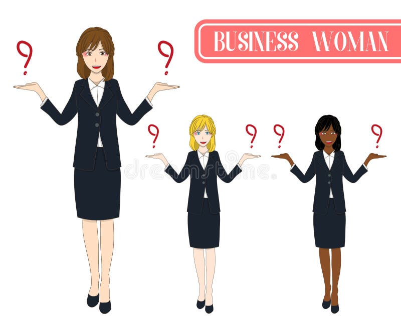 Set Cute Business Woman Making Selection with Happy Face. Full Body Vector Illustration. royalty free illustration