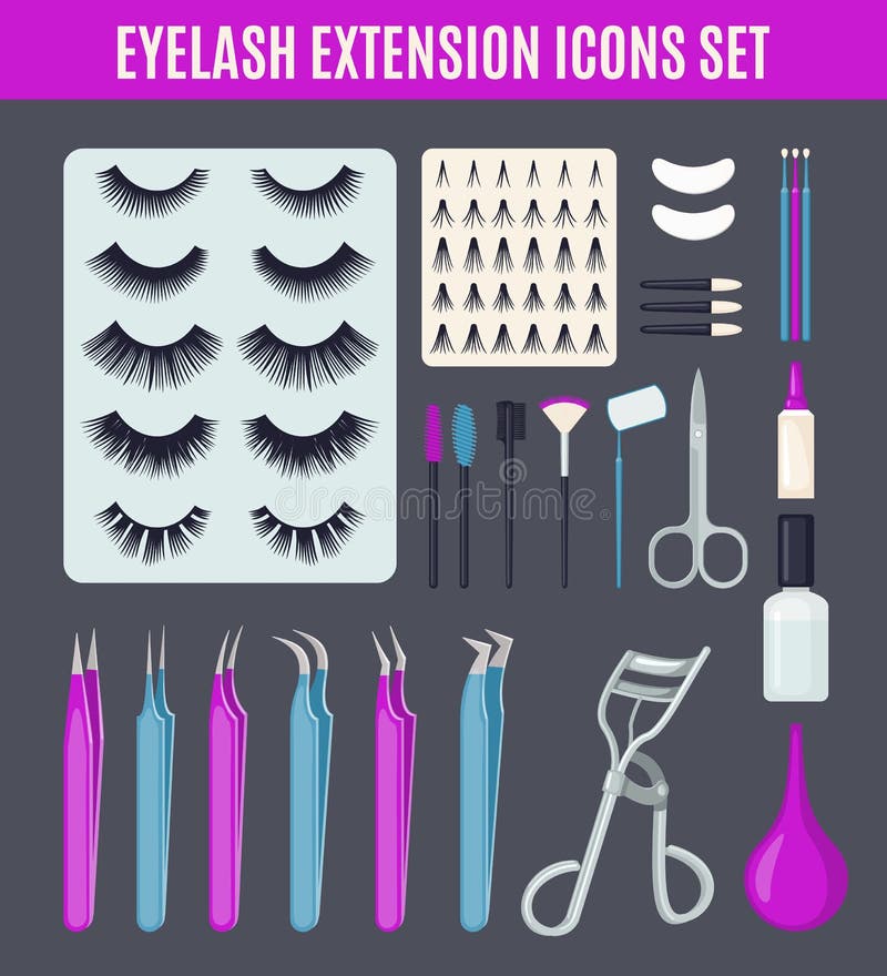 Set of Eyelash extension tools in flat style royalty free illustration