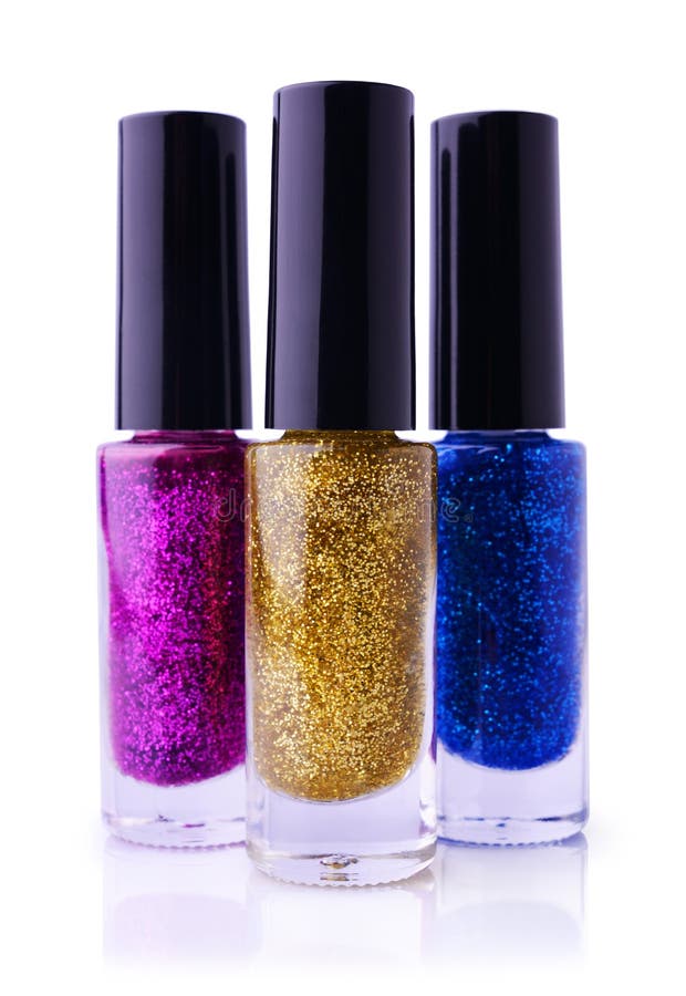 Set of multicolored shiny nail polish with glitter royalty free stock images