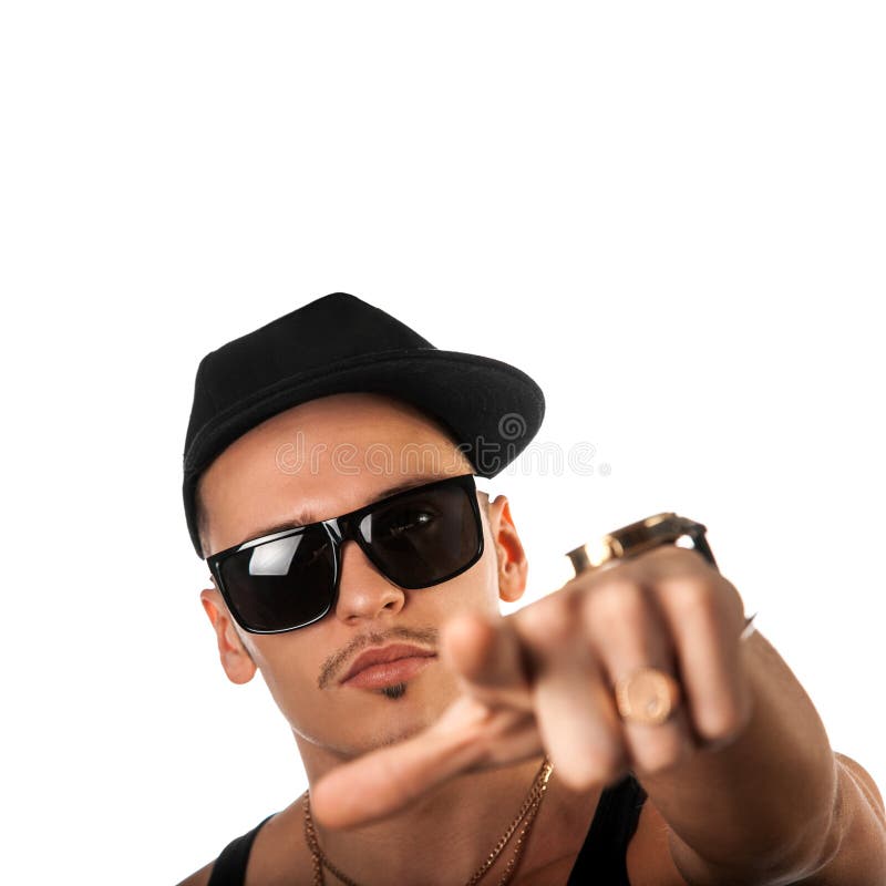 Square portrait of male in hat and sunglasses. On white background royalty free stock image