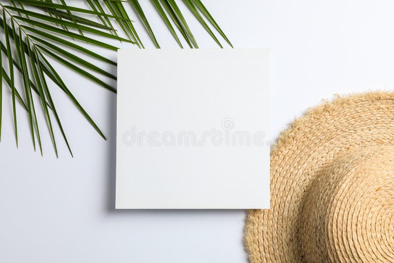 Square with space for text, palm leaves and straw hat on white background. Top view stock images