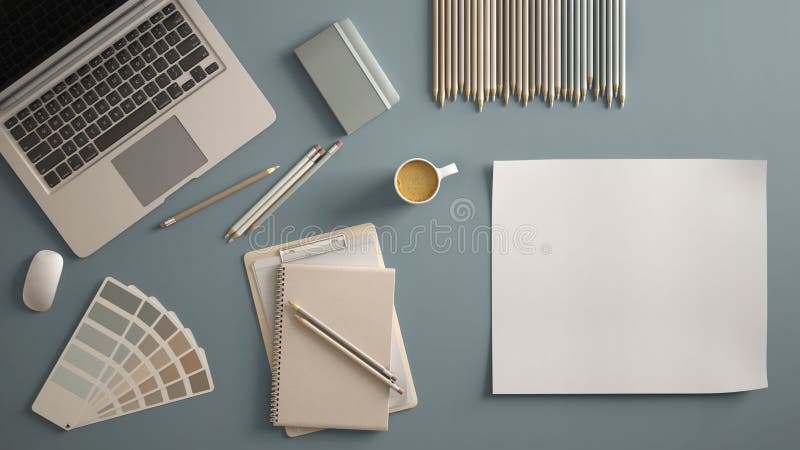Stylish minimal office table desk. Workspace with laptop, notebook, pencils, coffee cup and sample color palette on pastel blue ba royalty free stock photo