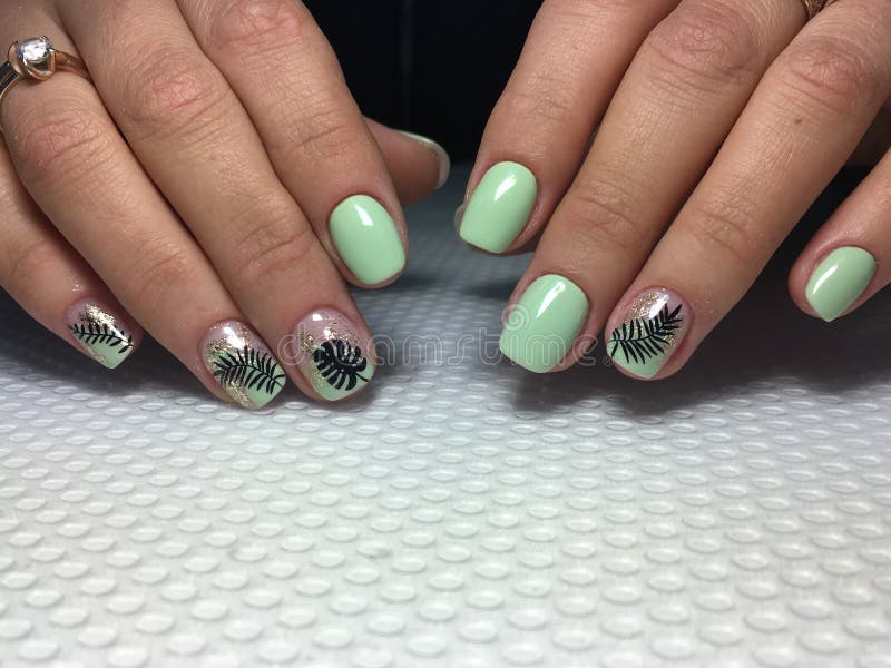 Trendy green manicure with a stylish design and black leaf stock images