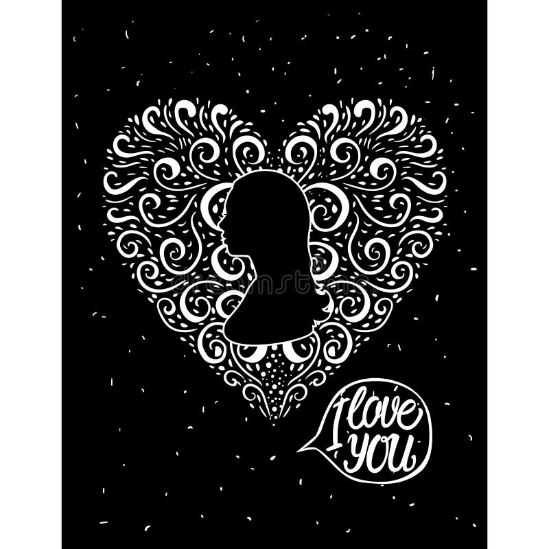 Valentine`s Day. Heart white hand drawn curls. Female silhouette on the side. Modern vector illustration isolated on a royalty free illustration