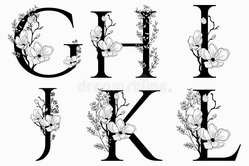 Vector Hand Drawn floral uppercase letters monograms. Or logo. Uppercase Letters G, H, I, J, K, L with Flowers and Branches, Cherry Blossom. Floral Design vector illustration