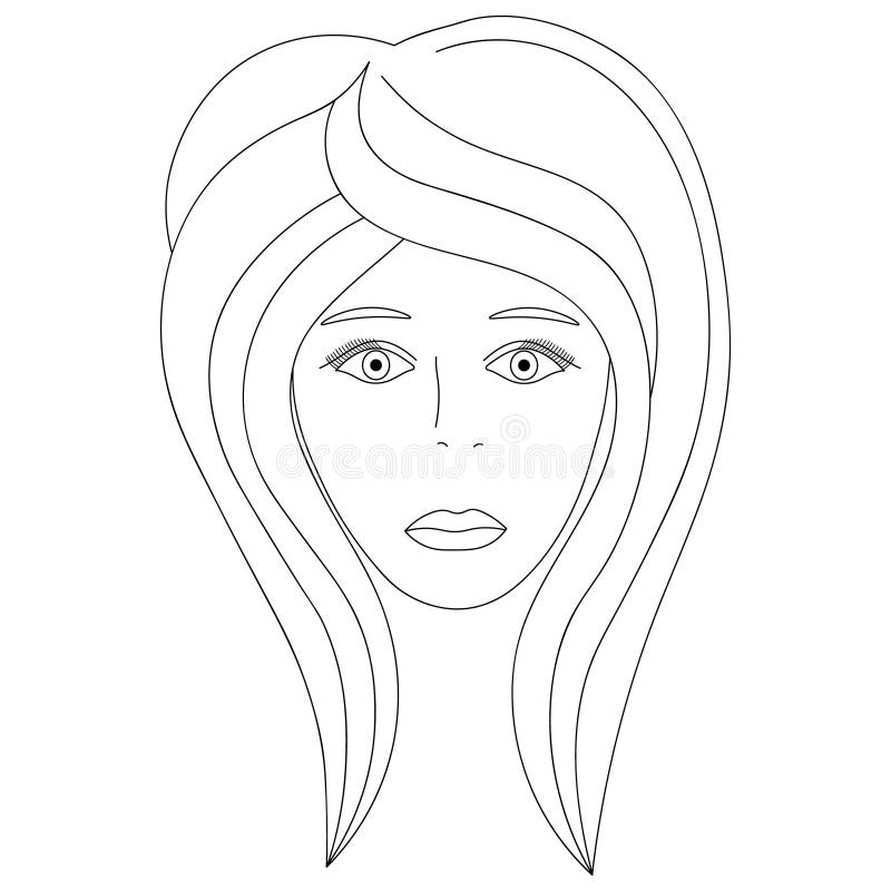 Vector illustration of a girl`s face. Full face. Haircut for medium hair-cascade. Plump lips. Face on an isolated background. Coloring book for children and vector illustration