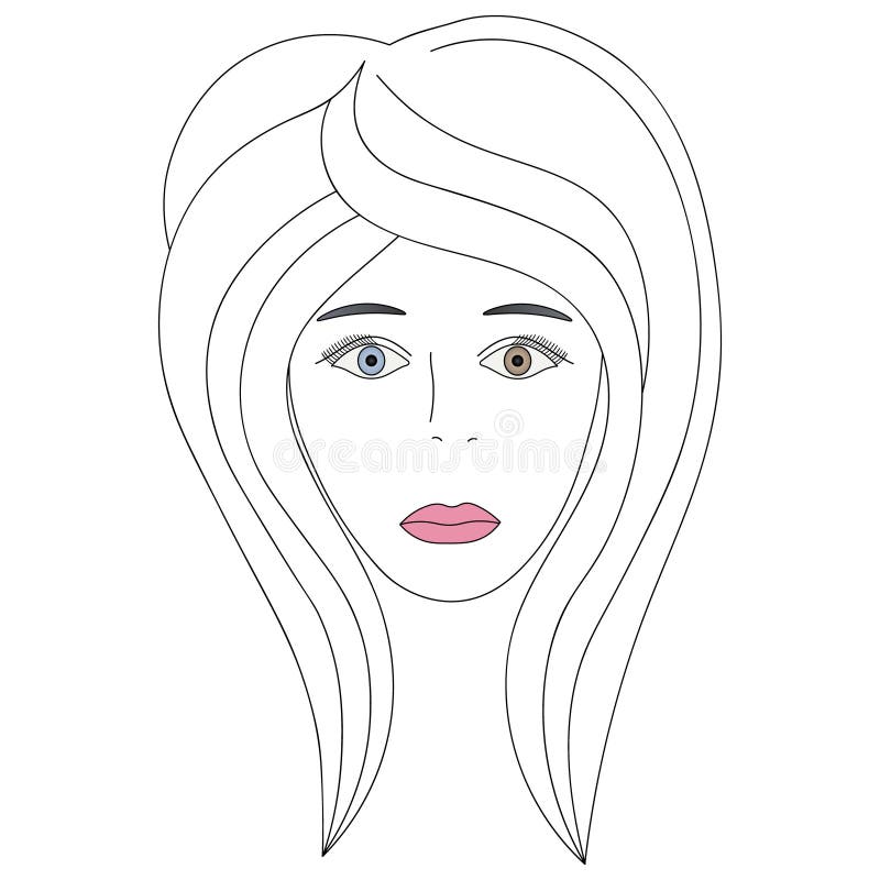 Vector illustration of a girl`s face with heterochromia. One eye is blue, the other is brown. Full face. Haircut for medium hair-c. Ascade. Her plump lips were stock illustration