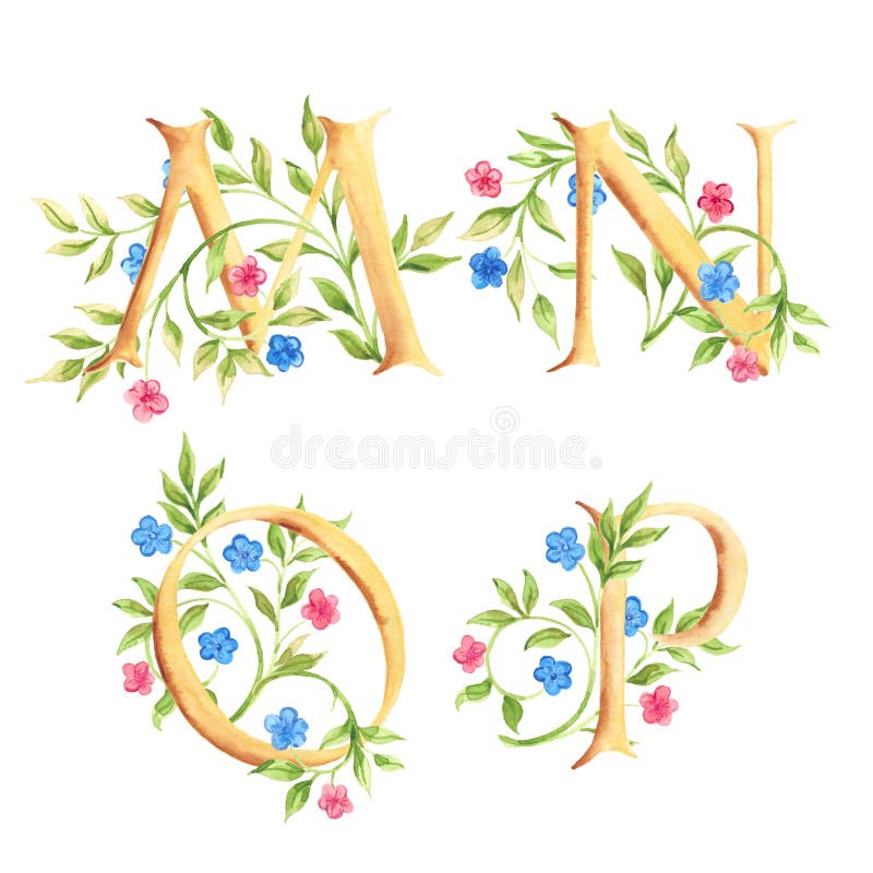 Hand drawn watercolor alphabet with flowers. Monograms. Hand drawn in watercolor the capital letters. With blooming twigs. Has use like monograms stock illustration