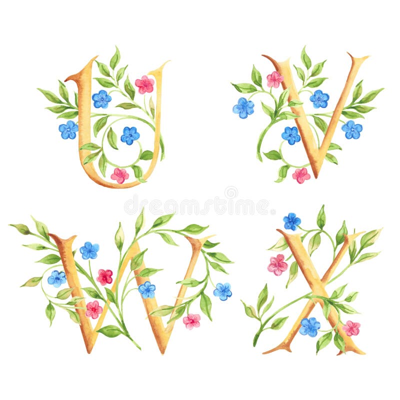 Hand drawn watercolor alphabet with flowers. Monograms. Hand drawn in watercolor the capital letters. With blooming twigs. Has use like monograms royalty free illustration