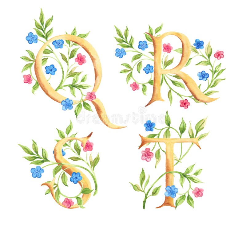 Hand drawn watercolor alphabet with flowers. Monograms. Hand drawn in watercolor the capital letters. With blooming twigs. Has use like monograms stock illustration