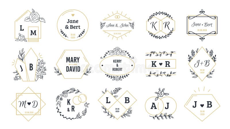 Wedding logos. Bohemian monograms for event invitation and wedding greeting cards with hand drawn elements. Vector set. Minimalist image name couple people vector illustration