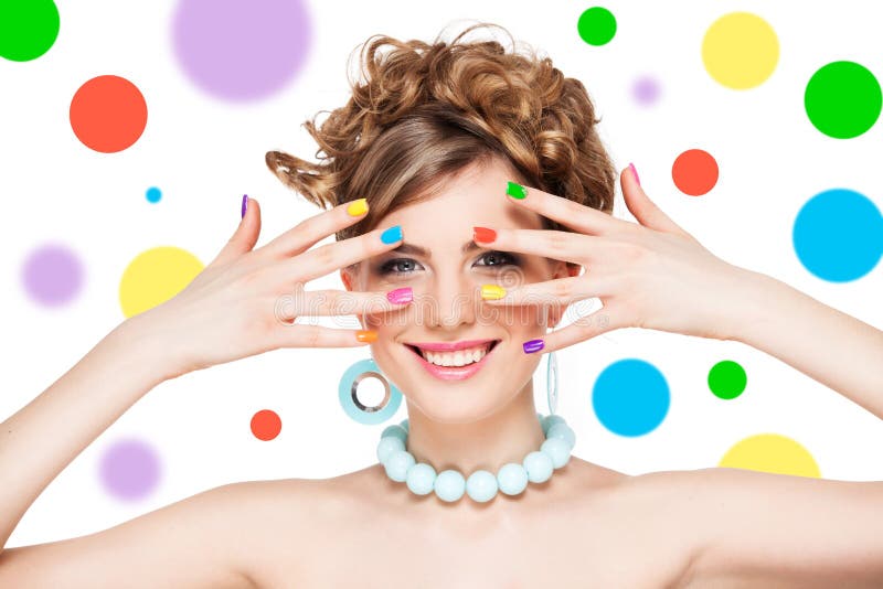 Woman with colorful nail polish stock images