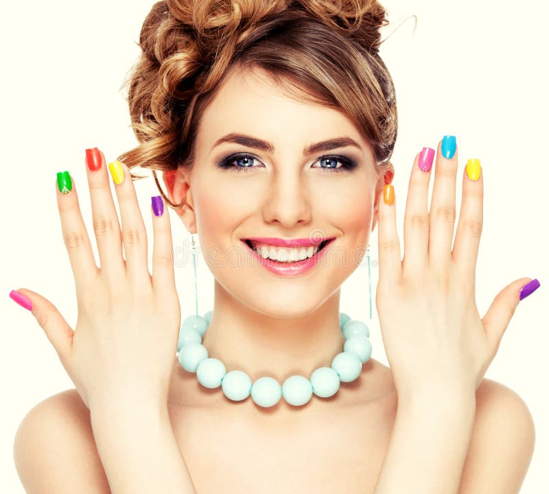 Woman portrait with colorful manicure stock photos