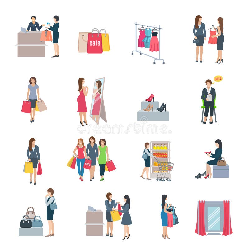 Woman Shopping Flat Icons vector illustration
