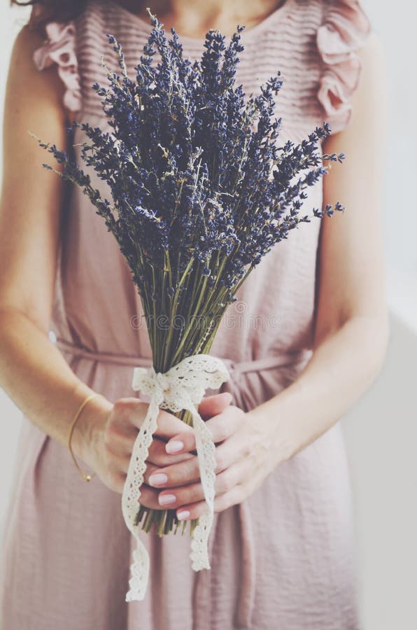 Woman in vintage dress holding bunch of lavender in her hands stock images