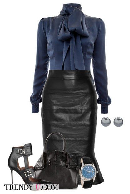 Кожаная черная юбка в сочетании с синей блузкой