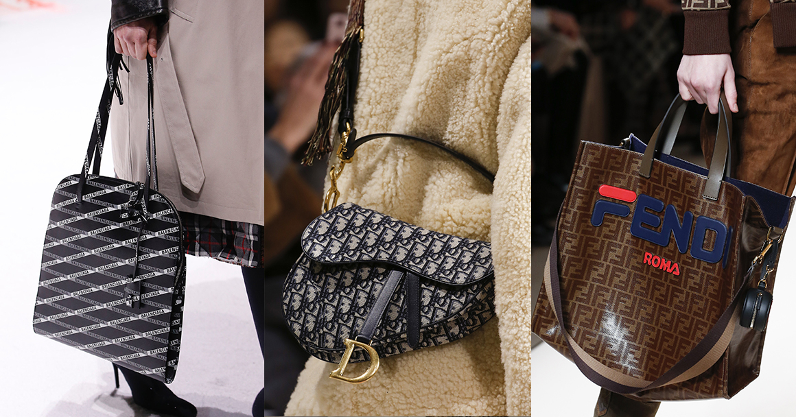 Какие сумки модны в 2018 году - с логотипами. Слева направо: Balenciaga, Dior, Fendi