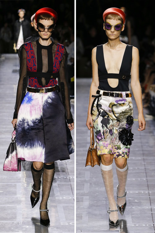 Образ от Prada: юбка в стиле ретро в принтом тай дай в сочетании с топами