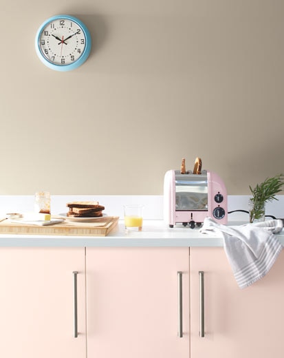 A pale kitchen with pink cabinets painted with Benjamin Moore A pale kitchen with pink cabinets painted with Benjamin Moore