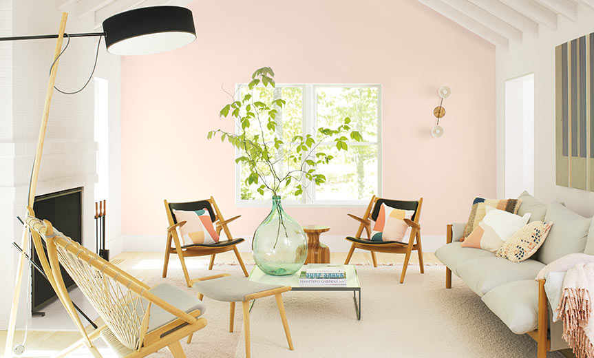 A casual living room with a light pink-painted accent wall A casual living room with a light pink-painted accent wall