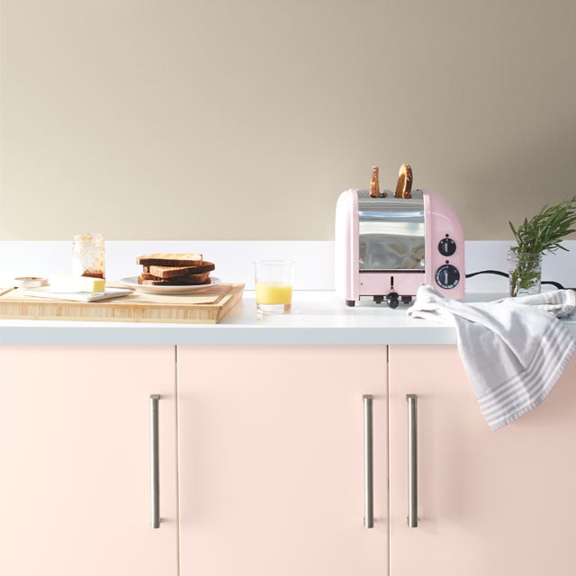 A pale kitchen with pink cabinets painted with Benjamin Moore A pale kitchen with pink cabinets painted with Benjamin Moore