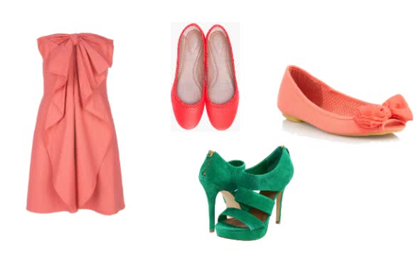 peach dress with brightly colored shoes